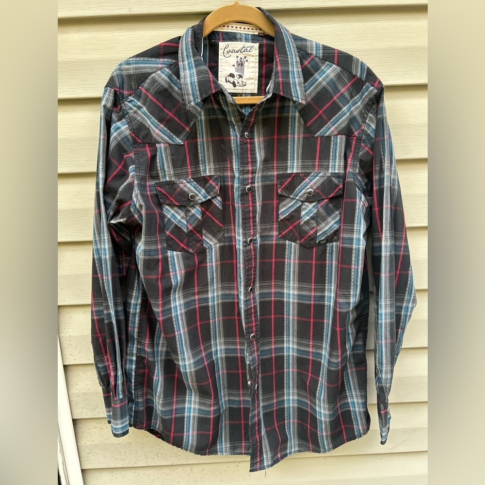 Coastal Men’s Western Shirt Size XL black Blue White Plaid Pearl Snap Butt…